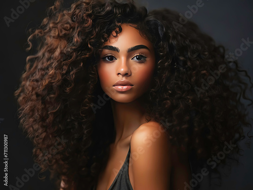 A portrait of a beautiful black woman with curly long hair 