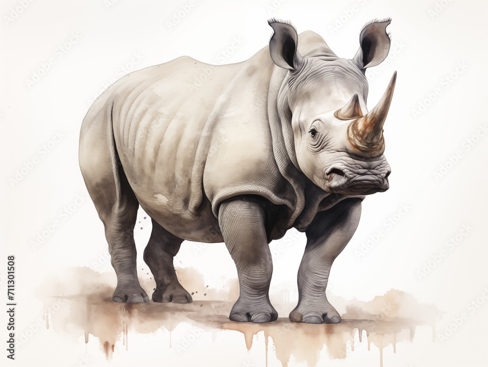 Obraz premium Black rhinos are large animals. The mouth has a pointed lobe protruding from the upper lip. The neck is short, the skin is wrinkled, the bumps are thick, the ears are round. Watercolor painting.