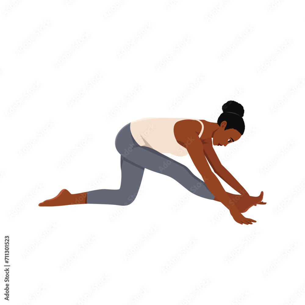 Woman performs yoga asana Ardha Hanumanasana or Half Monkey Pose on rug. Flat vector illustration isolated on white background Woman performs yoga asana Ardha Hanumanasana or Half Monkey Pose on rug. Flat vector illustration isolated on white background