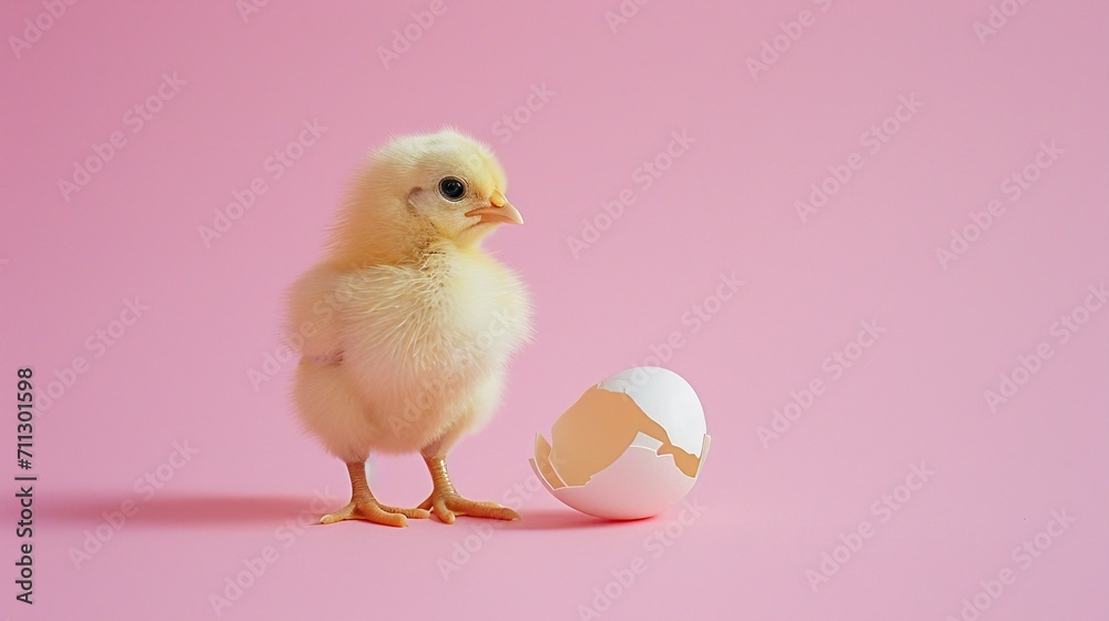 A tiny yellow chicken beside an eggshell on a pink background