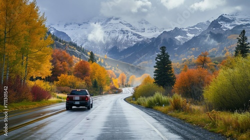 Car driving along a road in an autumn forest nestled within mountains