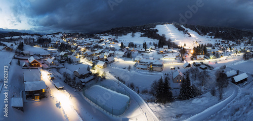 Panorama of winter fairytale village on snowy mountain landscape, Slovakia