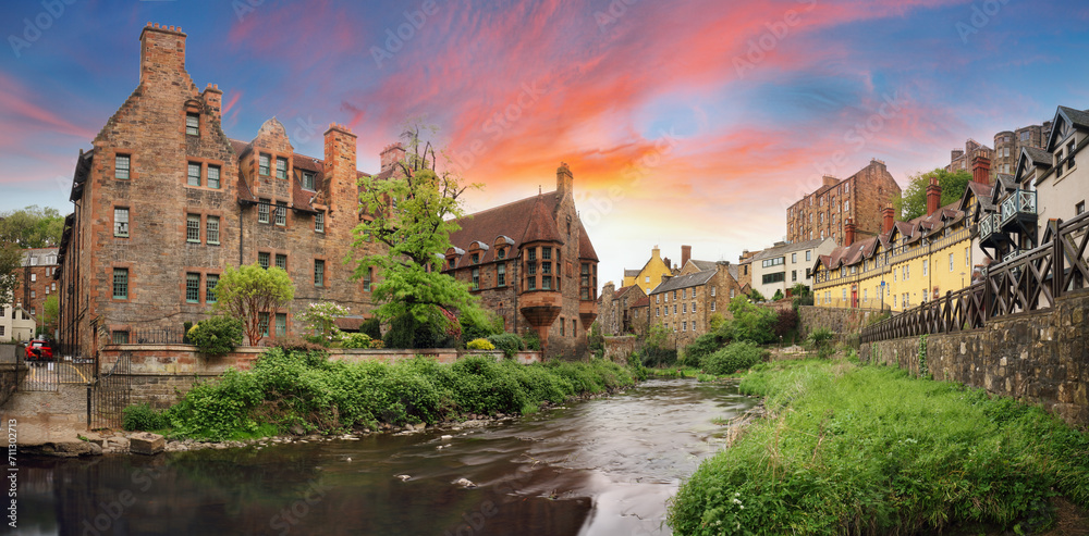 Fototapeta premium Scotland landscape - Dean village panorama in Edinburgh dramatic sunset, UK