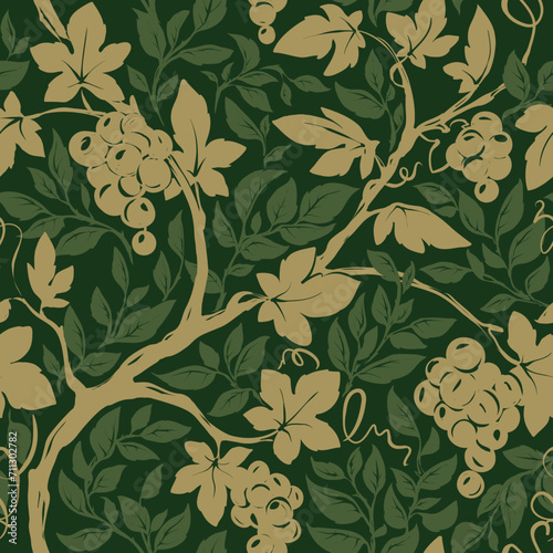 Traditional pattern with grape vine and rosehip branches. Botanical background, vector illustration, seamless print, freehand drawing.	