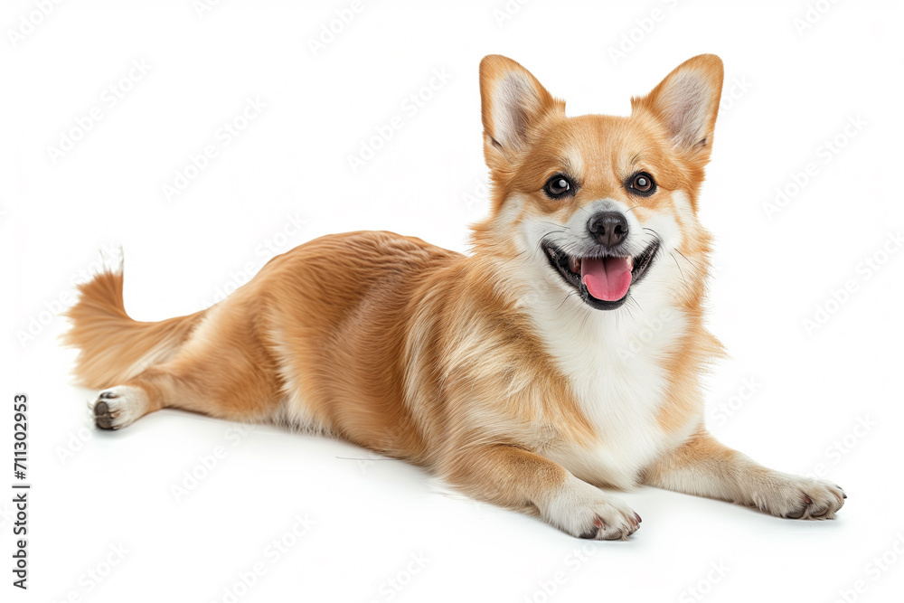 A beautiful, adorable, sweet, friendly full-sized corgi dog lies with his mouth open and tongue out on a white background, looking curiously at the camera.