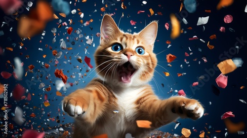 Happy cat jumping in confetti on a dark background