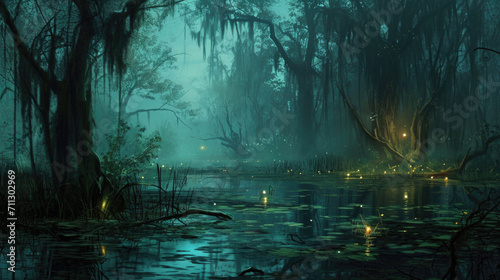 The quiet stillness of the swamp is broken by the haunting calls of willothewisps, their ethereal lights calling out to the lost and luring them into their ghostly clutches. Fantasy art © Justlight