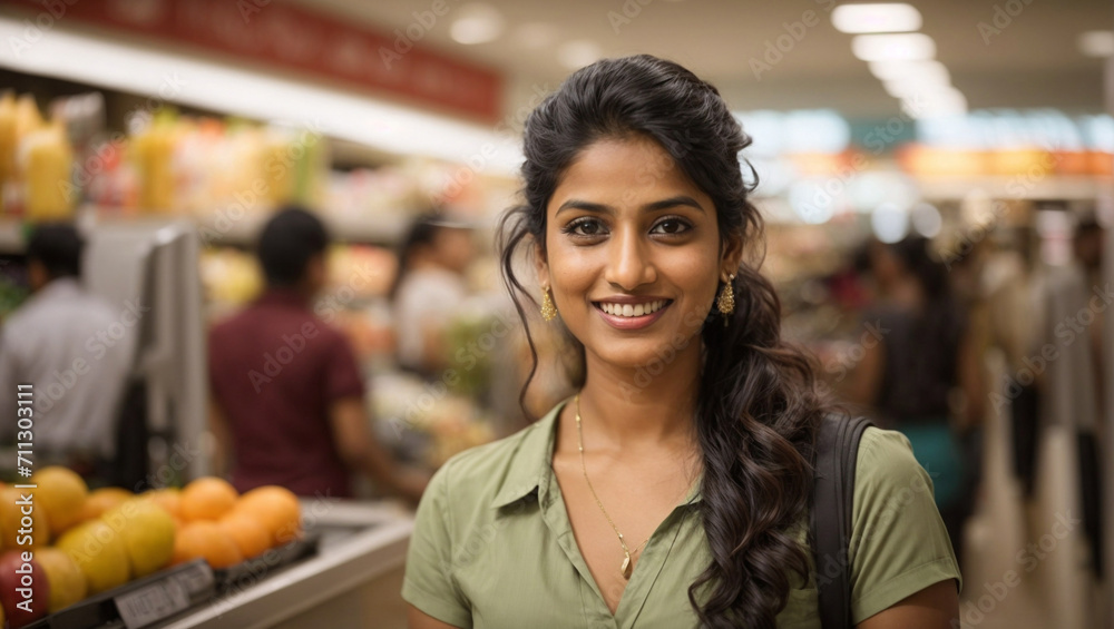 Bella giovane donna indiana con capelli lunghi in un moderno negozio supermercato Bella giovane donna indiana con capelli lunghi in un moderno negozio supermercato
