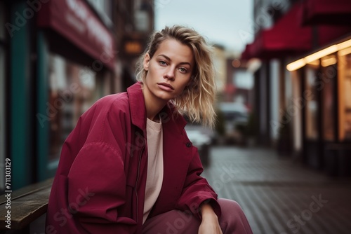 Outdoors portrait of beautiful young woman in red coat sitting in the street.
