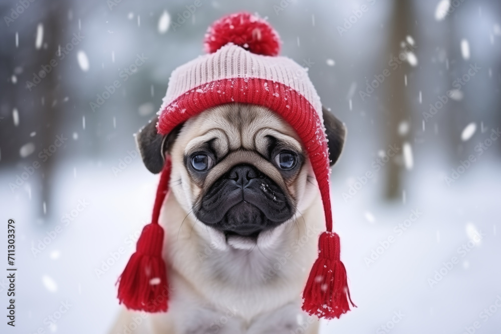 Cute Pug Dog Wearing a Red Funny Knitted Hat Sitting Outdoors in a Park. Snow Falling. Christmas Pet Concepts. Ginger Puppy is Waiting for Winter Holiday. Cute Curious Pug Portrait