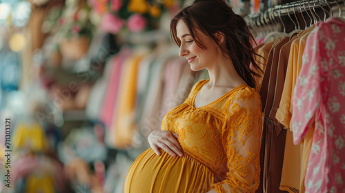 A pregnant woman chooses clothes for a newborn in a store.