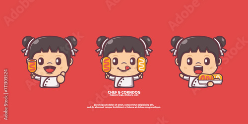 cute chef cartoon with corn dog. food vector illustration