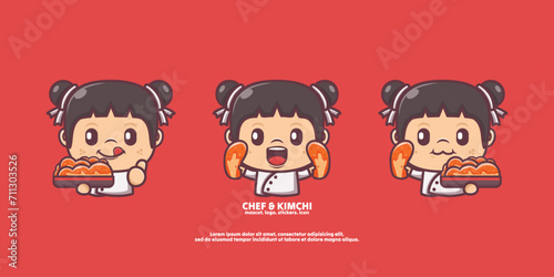 cute chef cartoon with kimchi. korean food vector illustration