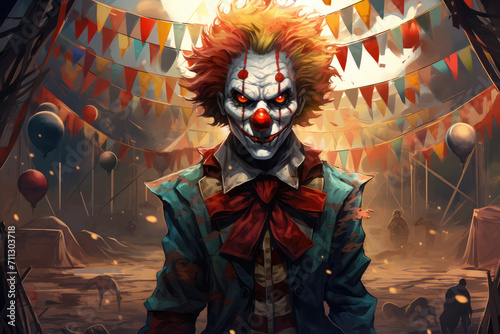 A terrifying evil clown with a patchwork of sinister features, standing in a rundown, spooky carnival ground