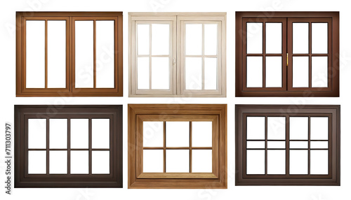Collection of real vintage wooden house window frame sets  isolated on a transparent background with a PNG cutout or clipping path.  