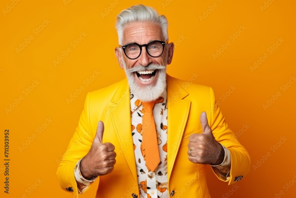 Cheerful senior man in yellow suit and glasses showing thumbs up Cheerful senior man in yellow suit and glasses showing thumbs up