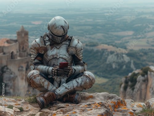 Quirky Medieval Scene: Character in Shiny Armor with Reflections, Wearing Sneakers, Sitting on Rocks in Profile, Searching for Mobile Coverage, with a Minimal Sky and Castle Background © Tomasz