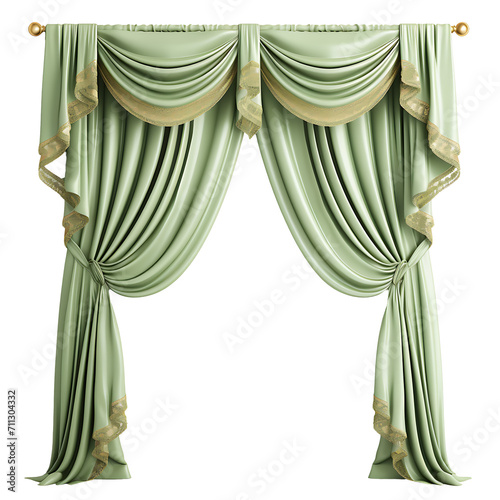 Elegant light green curtains on transparent background PNG. Home decoration accessories idea.