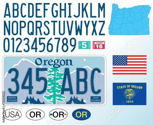 Oregon state car license plate pattern, letters, numbers and symbols, vector illustration, USA, United States odf America