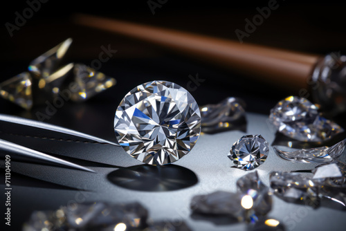  Photo of a brilliantly cut diamond on a jeweler's table, close-up view with tools in the background