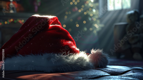 Close up of a red Santa Hat in front of a snowy Winter Background. AI generative. photo