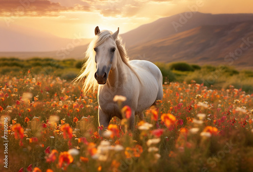 a beautiful Arabian horse in the evening at sunset in the mountains grazes in a meadow with wildflowers