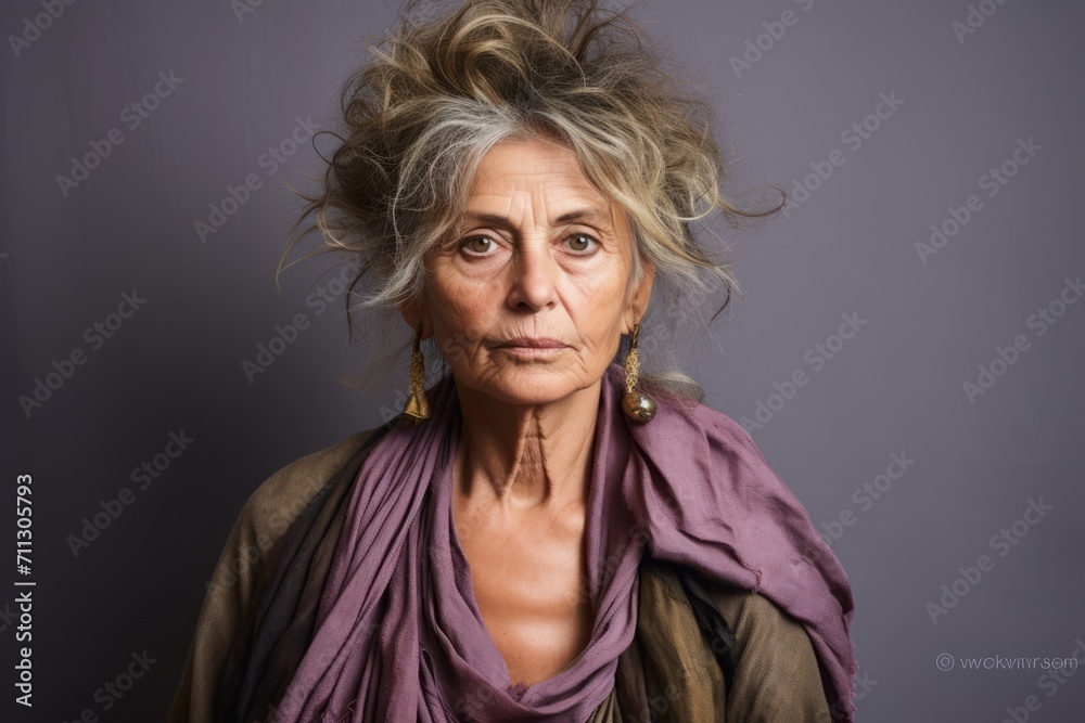 Portrait of an old woman with long hair on a gray background.