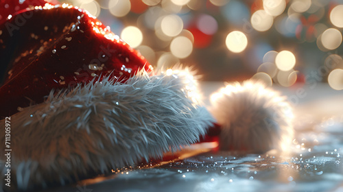 Close up of a red Santa Hat in front of a snowy Winter Background. AI generative. photo