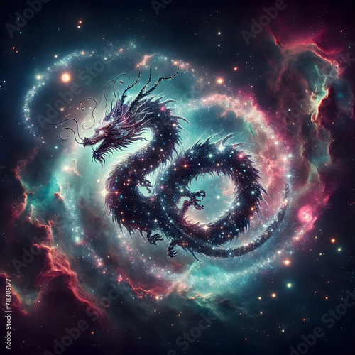 Photo of a cosmic dragon with its body formed from a constellation, spiraling around a vibrant nebula.