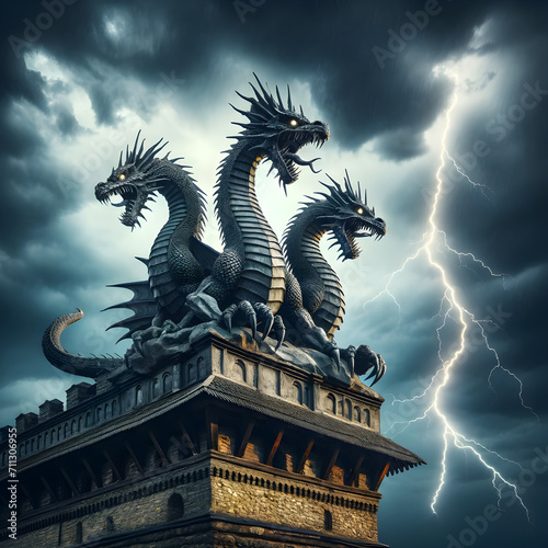 Photo of Zmey Gorynych, the mythical three-headed dragon, perched menacingly atop the battlements of a Slavic castle. The sky is charged with the lightning. © Varun