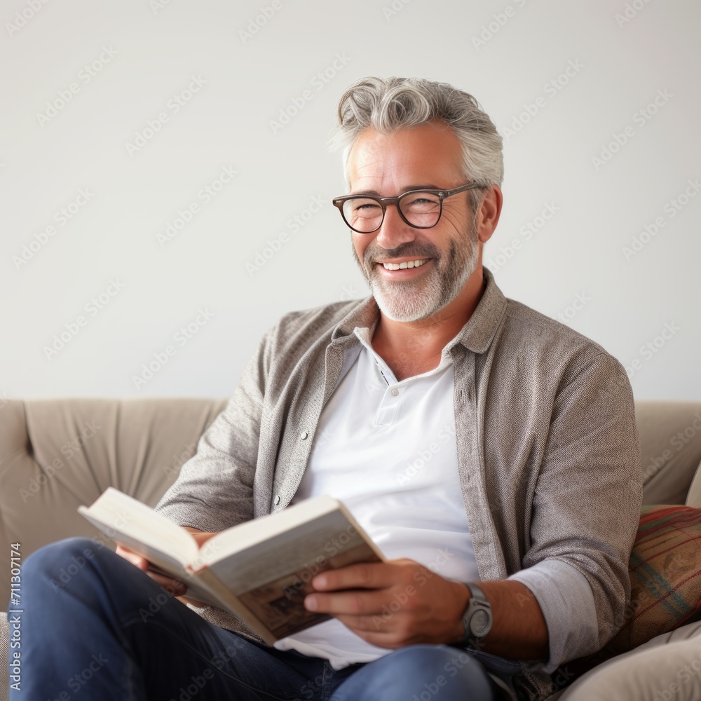 A middle-aged man sits on a sofa and reads a book. Happy. There is a warm atmosphere. commercial photography