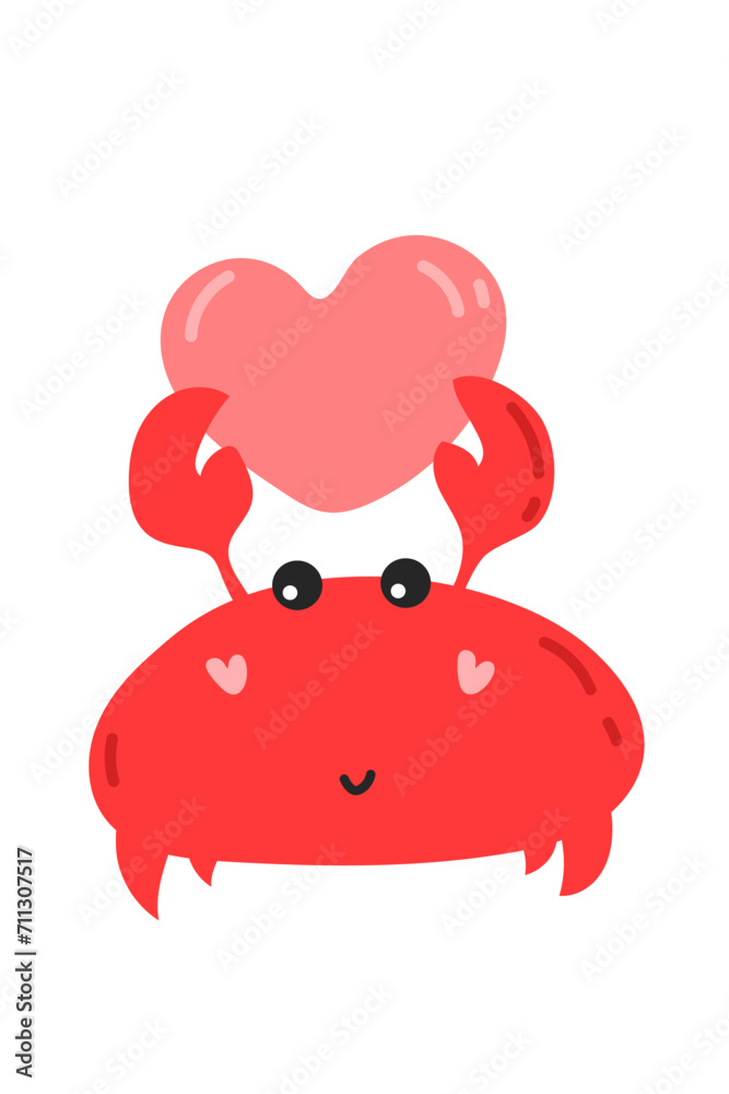 Valentine's day.Cartoon illustration of a crab with a heart. Cute design concept for valentine's day