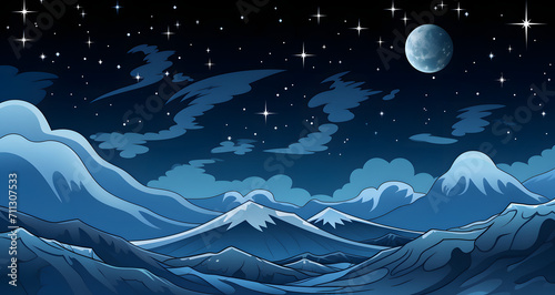 a dark blue night scene with a snowy mountain range