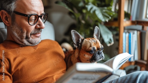 A middle-aged man sits on the sofa and reads a book. Happy. There is a real dog sitting next to him. commercial photography