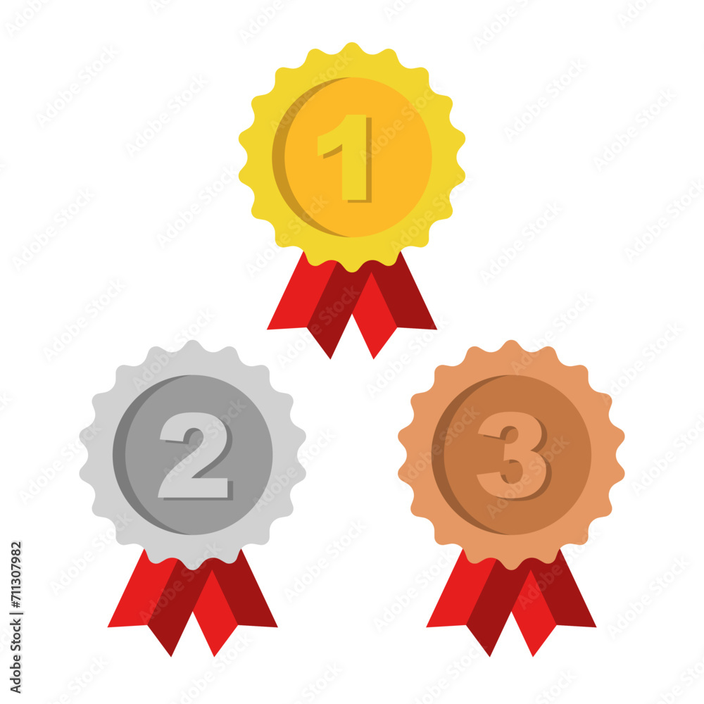 Golden silver bronze medal with red ribbon Golden silver bronze medal with red ribbon