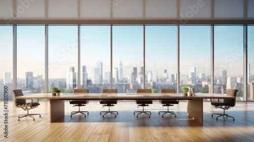 Contemporary conference room with spacious wooden table, white interiors, parquet flooring, and cityscape panoramic windows – ideal for business presentations and meetings