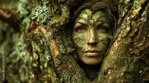 Fotografie, Obraz As she gazes out from her tree, the dryads heartshaped face is filled with a peaceful contentment, a testament to the evergreen bond between nature and spirit