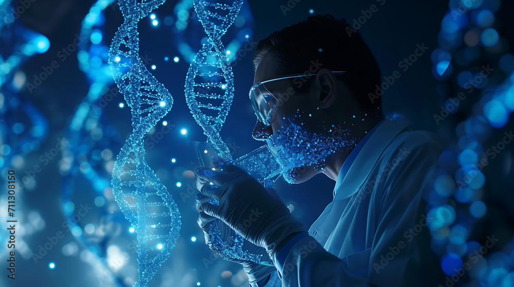 A Scientist Behind Blue DNA Analysis - obrazy, fototapety, plakaty 