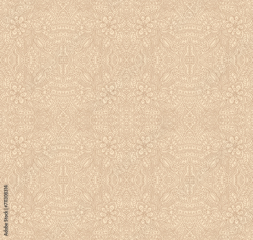 Vector seamless pattern from brown and beige hand drawn ornaments, stripes and fantasy flowers