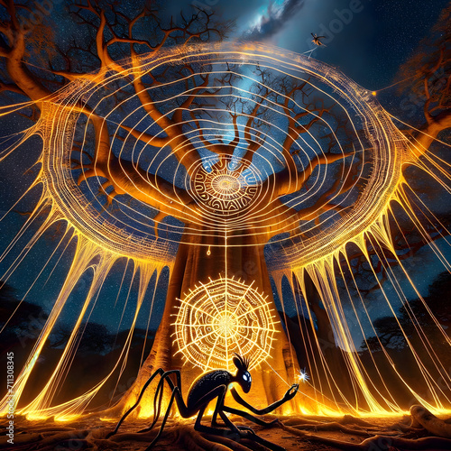 Photo of Anansi, the spider trickster god from African folklore, deftly weaving a magical web that looks like golden threads of stories under the vast sky. photo