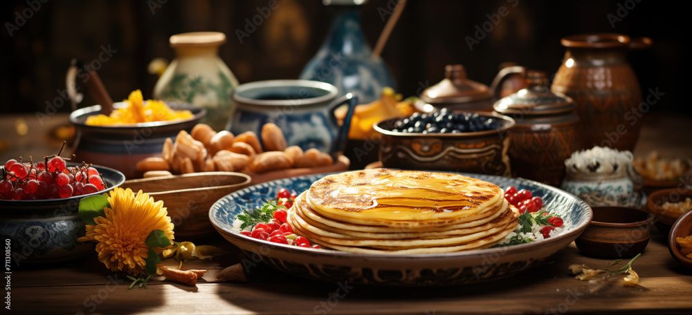 photo shows a sumptuous treat for Maslenitsa, a traditional Slavic holiday marking the end of winter. Golden-brown pancakes drizzled with sparkling honey, symbolizing the sun