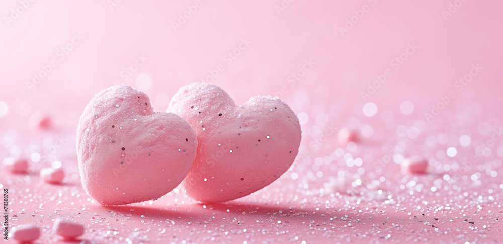 Fototapeta premium Romantic Vibes: Pink Hearts on Table with Bokeh Lights and Glitter - Perfect for Valentine's Day, Love, or Birthday Celebrations