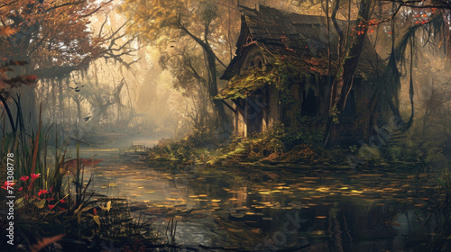 Amidst the stagnant waters and rotting vegetation of the swamp, the witchs hut stands as a beacon of magic and mystery, beckoning those who seek its dark powers. Fantasy art photo