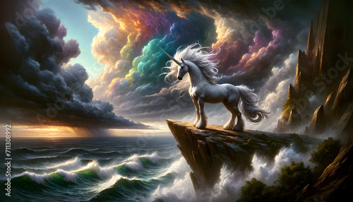 A solitary unicorn with a spiraled horn and a flowing mane stands on a rugged cliff above a churning sea.