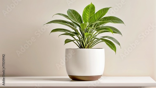 A potted plant in a white pot sitting on a white surface in front of a white wall.