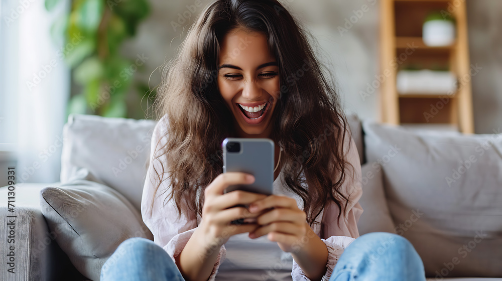 Lucky Moments, Excited Woman Discovers Discounts in Online App Lucky Moments, Excited Woman Discovers Discounts in Online App