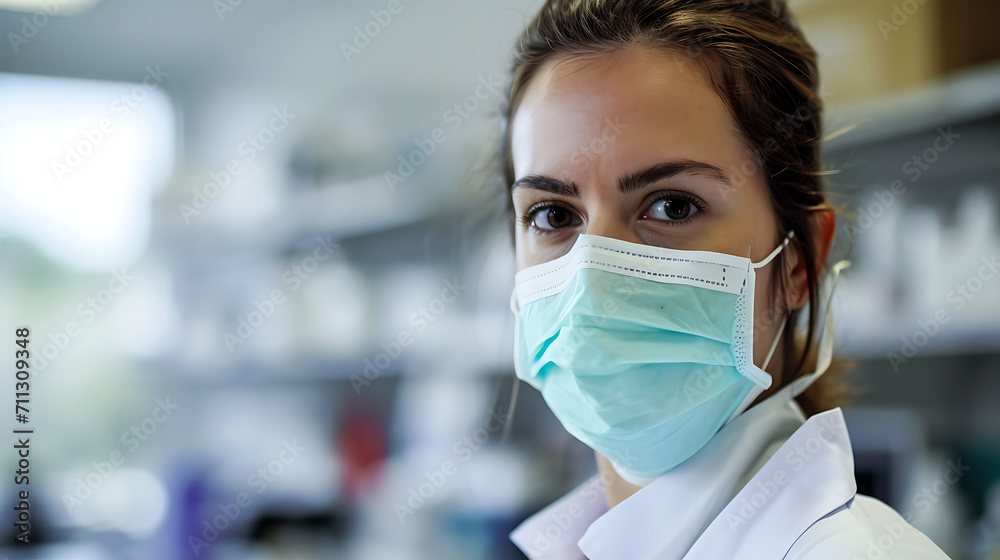 Medical Research Lab, Portrait of a Female Scientist in Face Mask Medical Research Lab, Portrait of a Female Scientist in Face Mask