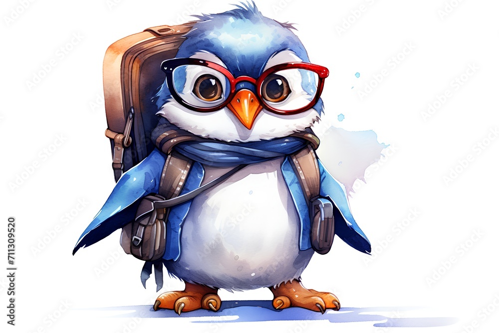 Obraz premium Cute cartoon penguin with backpack. Watercolor illustration on white background.