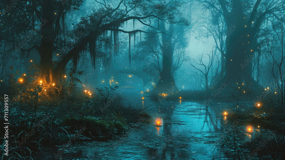 As night falls, the once peaceful swamp transforms into a labyrinth of glowing willothewisps, their ghostly forms weaving through the mist and tangles of overgrown vegetation, Fantasy art - obrazy, fototapety, plakaty 