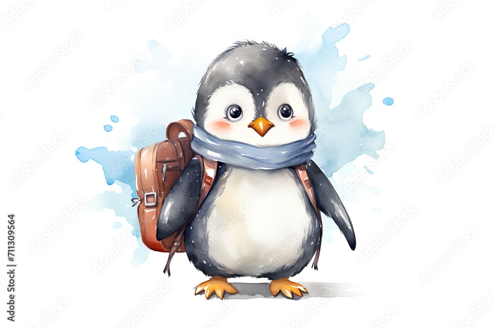 Obraz premium Cute penguin with backpack. Watercolor illustration on white background.